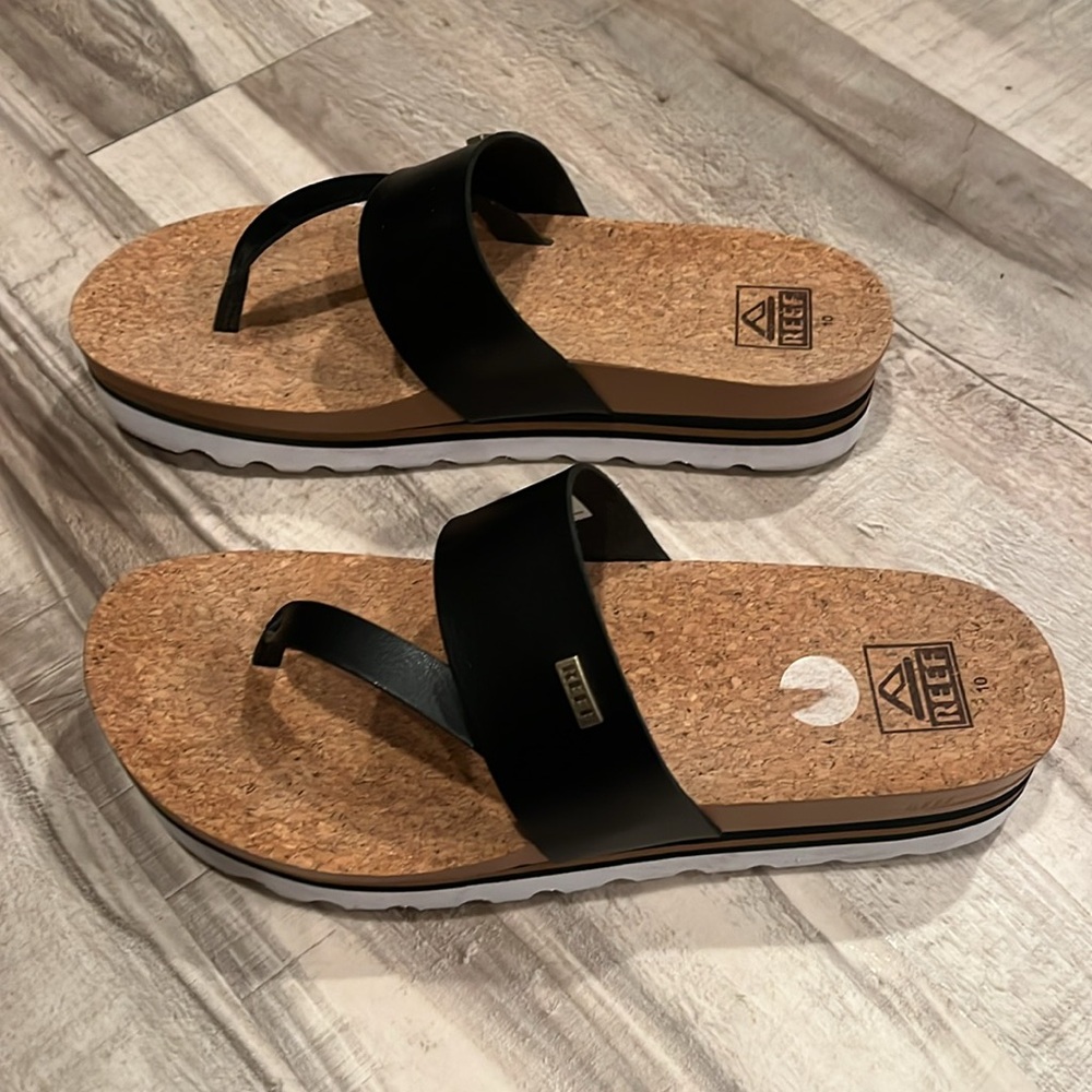 Reef cushion sol hi Black Sandals with Cork Footbed platform sole size 10 - Picture 6 of 10